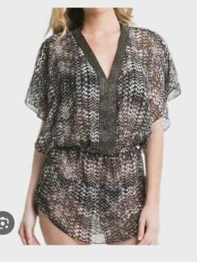 Badgley Mischka Coverup Women's sz MEDIUM Beaded Swim Tunic Dress Black/Tan
